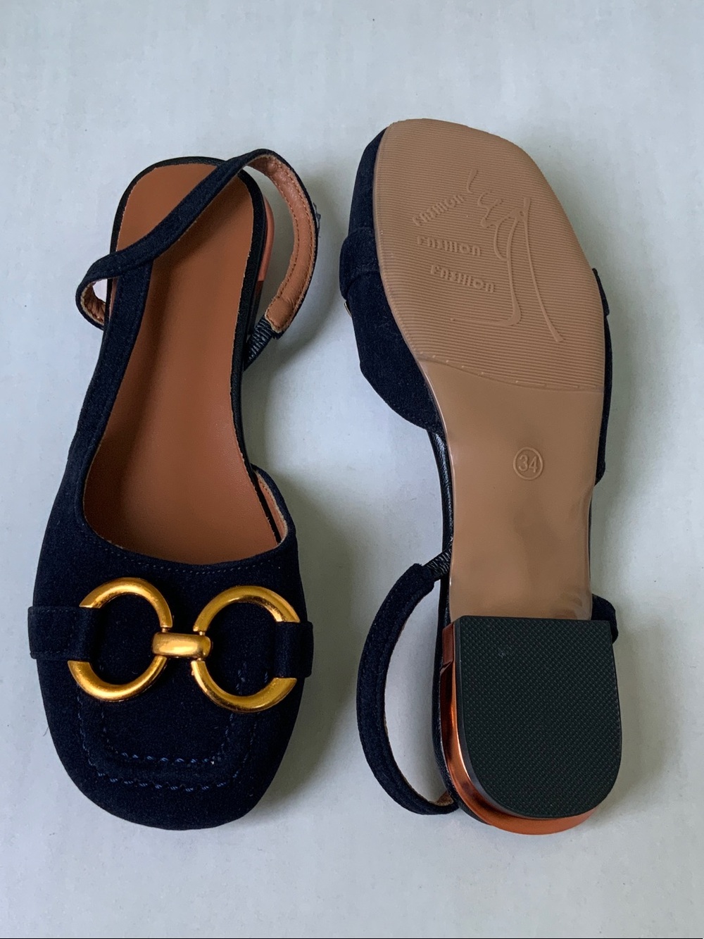 Women’s Navy Suede Slingback Flats with Gold Accent